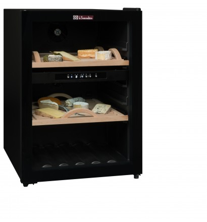 Cave à fromage, 2 clayettes plateaux bois coulissantes, Porte vitrée, Classe énergétique G Noire.